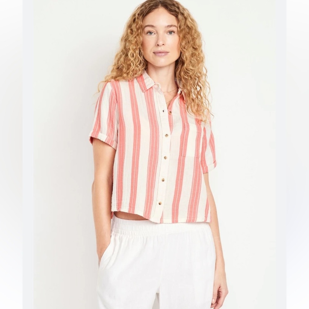 Old Navy Striped Button-Up Boxy Short Sleeve Shirt Coral & White